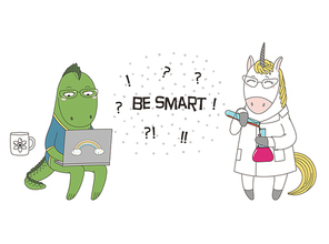 Hand drawn vector illustration of a cute funny cartoon unicorn in a lab coat, with chemical reagents, dragon in glasses, holding a laptop, text. Isolated objects. Design concept children, geek culture