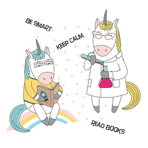 Hand drawn vector illustration of a cute funny cartoon unicorns in glasses, reading a book, in a lab coat, with chemical reagents, text. Isolated objects. Design concept for children, geek culture.