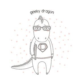 Hand drawn vector illustration of a cute funny cartoon dragon in glasses and sweatshirt, holding a comic book, with text. Isolated objects. Design concept for children, geek culture.