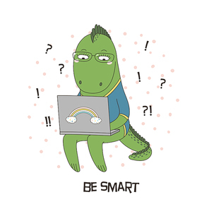 Hand drawn vector illustration of a cute funny cartoon dragon in glasses, holding a laptop computer on the knees, with text. Isolated objects. Design concept for children, geek culture.