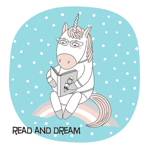 Hand drawn vector illustration of a cute funny cartoon unicorn sitting on a rainbow, reading a book with a rocket on the cover, text. Isolated objects. Design concept for children, geek culture.