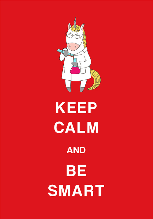 Typographic poster with a cute hand drawn funny cartoon dragon in glasses and sweatshirt, holding a comic book, text Keep calm and be smart. Isolated objects. Design concept for children, geek culture