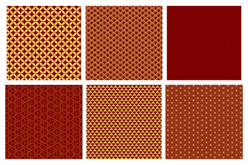 Set of Chinese New Year seamless geometric patterns, golden on red. Vector illustration. Flat style design. Concept for holiday banner, greeting card, decorative element, textile , wrapping paper