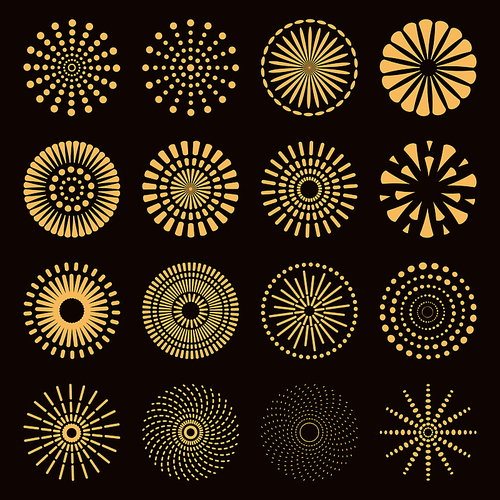 Set of different golden fireworks. Isolated objects on black background. Vector illustration. Flat style design. Concept for holiday, festival, celebration, festive decor element.