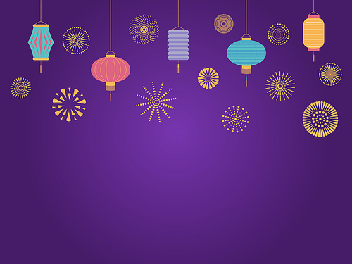 Chinese New Year background with lanterns and fireworks. Isolated objects on dark background. Vector illustration. Flat style design. Concept for holiday banner, greeting card, decorative element.