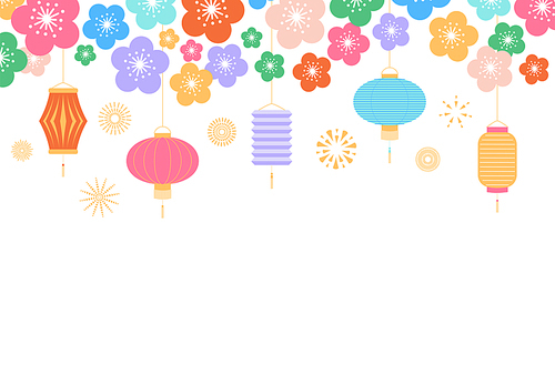 Chinese New Year background with lanterns and flowers, on white. Vector illustration. Flat style design. Concept for holiday banner, greeting card, decorative element.