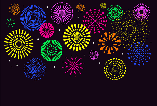 Chinese New Year background with bright fireworks of different colors on black. Vector illustration. Flat style design. Concept for holiday banner, greeting card, decorative element.