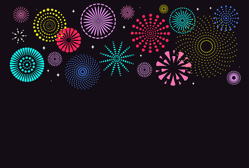 Chinese New Year background with bright fireworks of different colors on black. Vector illustration. Flat style design. Concept for holiday banner, greeting card, decorative element.