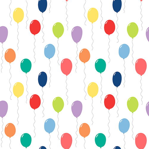 Hand drawn seamless vector pattern with colorful flying balloons, on a white background. Design concept for birthday party, celebration, kids textile , wallpaper, wrapping paper.