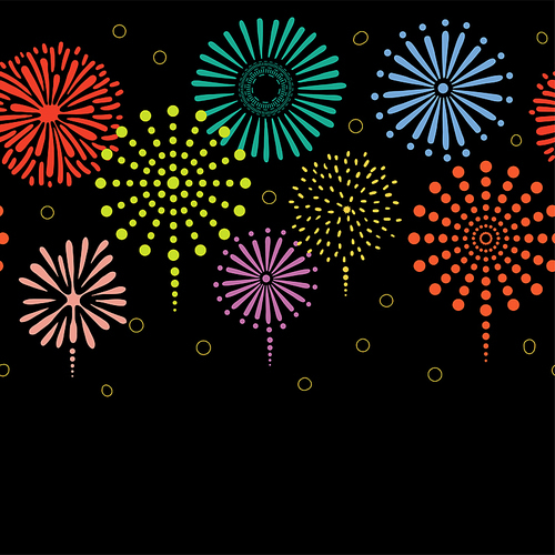 hand drawn seamless vector horizontal border with colorful fireworks, on a  background. design concept for birthday party, new year celebration, kids textile , wallpaper, wrapping paper.