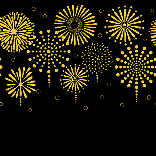 Hand drawn seamless vector horizontal border with bright golden fireworks, on a black background. Design concept for birthday party, New Year celebration, kids textile , wallpaper, wrapping paper