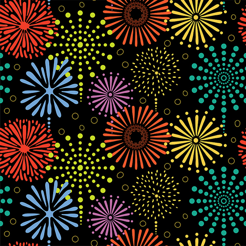 hand drawn seamless vector pattern with colorful bright fireworks, on a  background. design concept for birthday party, new year celebration, kids textile , wallpaper, wrapping paper.