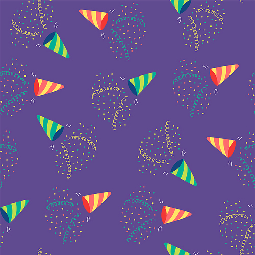 Hand drawn seamless vector pattern with party poppers, serpentine streamers, confetti. Design concept for birthday party, New Year celebration, kids textile print, wallpaper, wrapping paper.