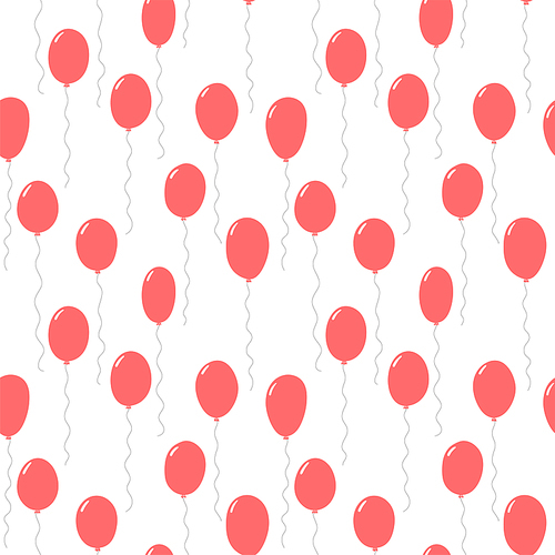 Hand drawn seamless vector pattern with pink flying balloons, on a white background. Design concept for birthday party, celebration, kids textile print, wallpaper, wrapping paper.