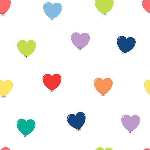 Hand drawn seamless vector pattern with flying heart shaped balloons, on a white background. Design concept for Valentines day, birthday, celebration, kids textile , wallpaper, wrapping paper.