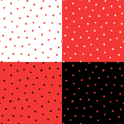 set of four hand drawn seamless vector patterns with hearts, in , white, red. design concept for valentine's day, kids textile print, wallpaper, wrapping paper.