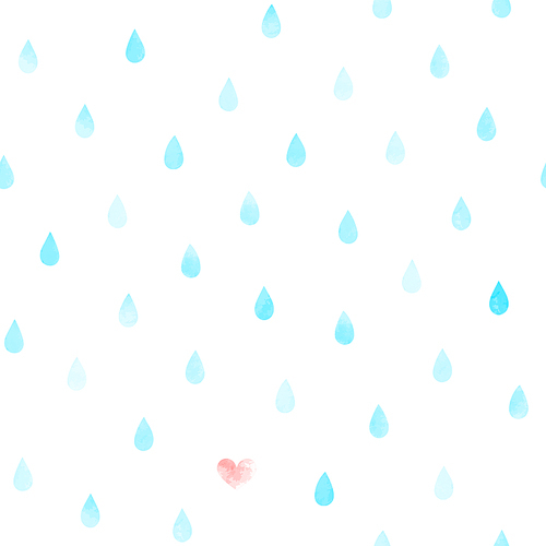 Hand drawn seamless vector pattern with watercolor rain drops and a heart, on a white background. Design concept kids textile , wallpaper, wrapping paper.