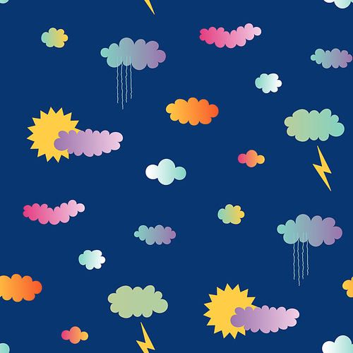 Hand drawn seamless vector pattern with sun and rain, clouds, lightning, on a blue background. Design concept for summer, kids textile , wallpaper, wrapping paper.