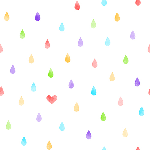 Hand drawn seamless vector pattern with watercolor rain drops and a heart, on a white background. Design concept kids textile , wallpaper, wrapping paper.