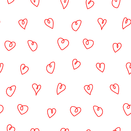 Hand drawn seamless vector pattern with red hearts doodles on a white background. Design concept for Valentines day, kids textile , wallpaper, wrapping paper.
