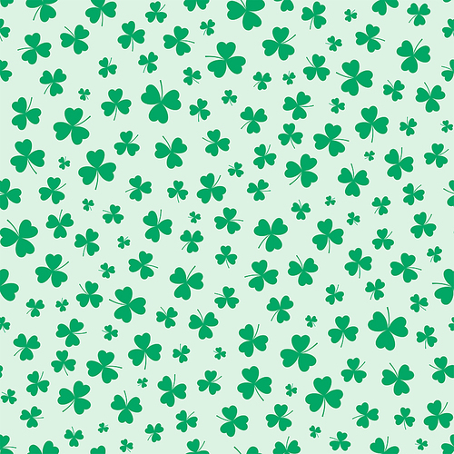 Hand drawn seamless vector pattern with shamrocks, on a green background. Design concept for Saint Patrick's day celebration, kids textile , wallpaper, wrapping paper.