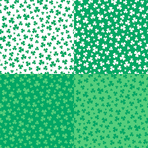 Set of four hand drawn seamless vector patterns with shamrocks, in green and white. Design concept for Saint Patrick's day celebration, kids textile , wallpaper, wrapping paper.