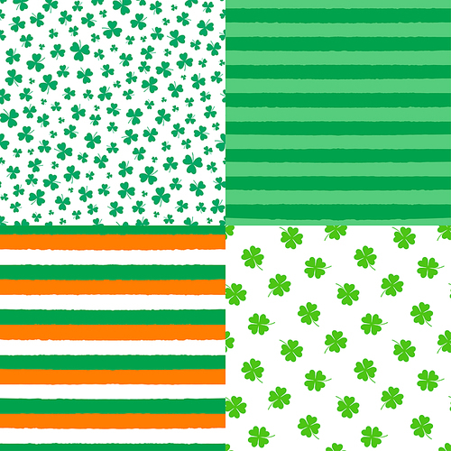 Set of four hand drawn seamless vector patterns with shamrocks, four leaf clovers, stripes. Design concept for Saint Patrick's day celebration, kids textile , wallpaper, wrapping paper.