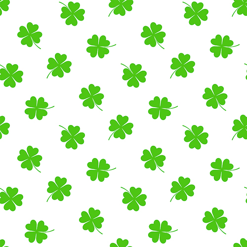Hand drawn seamless vector pattern with four leaf clovers on a white background. Design concept for Saint Patrick's day celebration, kids textile , wallpaper, wrapping paper.