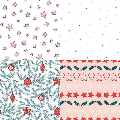 Set of four hand drawn seamless vector patterns with fir tree branches, Christmas decorations, stars, snowflakes, sugar canes, holly. Design concept for winter, kids , wallpaper, wrapping paper.