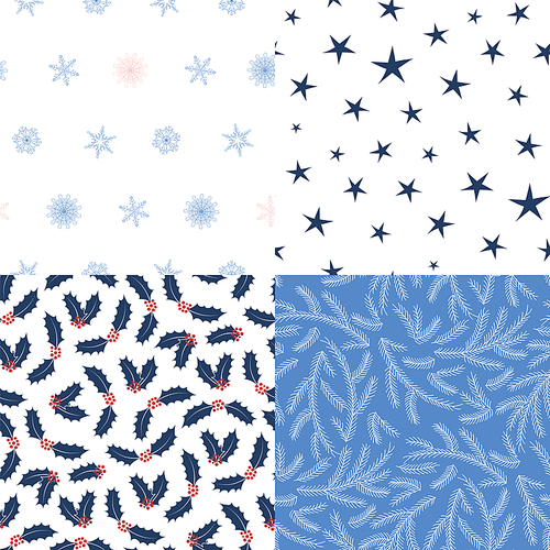 Set of four hand drawn seamless vector patterns with fir tree branches, stars, snowflakes, holly leaves, berries. Design concept for Christmas, winter, kids textile , wallpaper, wrapping paper.