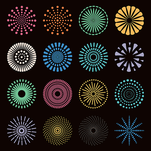 Set of different fireworks in bright colors. Isolated objects on black background. Vector illustration. Flat style design. Concept for holiday, festival, celebration, festive decor element.