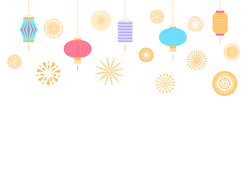 Chinese New Year  with lanterns and fireworks. Isolated objects on white . Vector illustration. Flat style design. Concept for holiday banner, greeting card, decorative element.
