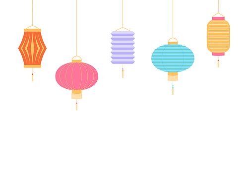 Chinese New Year  with lanterns. Isolated objects on white . Vector illustration. Flat style design. Concept for holiday banner, greeting card, decorative element.