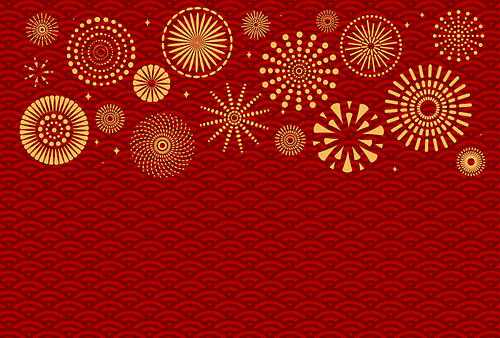 Chinese New Year background with golden fireworks on red traditional pattern. Vector illustration. Flat style design. Concept for holiday banner, greeting card, decorative element.