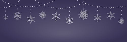Christmas background with garlands and hanging snowflakes, white on dark blue. Vector illustration. Flat style design. Concept for winter holiday banner, greeting card, decorative element.