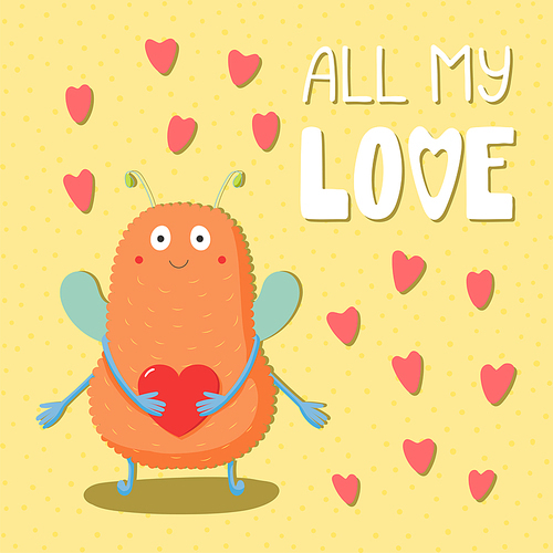 Hand drawn vector illustrations with a cute funny cartoon monster holding a heart, with text All my love. Isolated objects. Design concept for children, Valentines day.