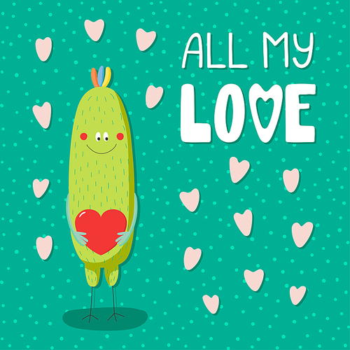 Hand drawn vector illustrations with a cute funny cartoon monster holding a heart, with text All my love. Isolated objects. Design concept for children, Valentines day.