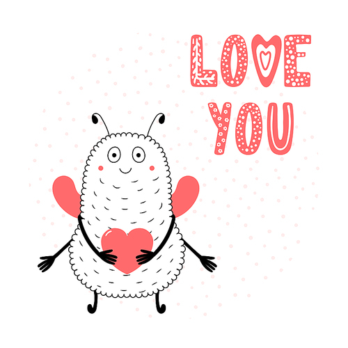 Hand drawn vector illustrations with a cute funny cartoon monster holding a heart, with text Love you. Isolated objects. Design concept for children, Valentines day.