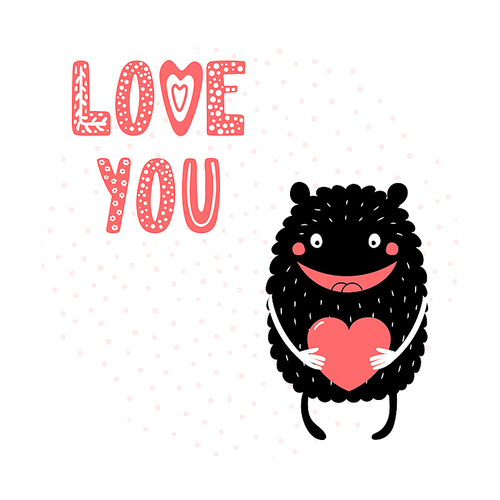 Hand drawn vector illustrations with a cute funny cartoon monster holding a heart, with text Love you. Isolated objects. Design concept for children, Valentines day.