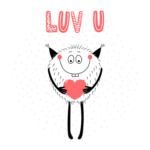 Hand drawn vector illustrations with a cute funny cartoon monster holding a heart, with text Love you. Isolated objects. Design concept for children, Valentines day.