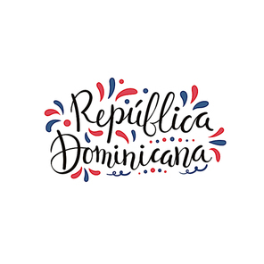 Hand written calligraphic lettering quote Dominican Republic with decorative elements in flag colors. Isolated objects on white . Vector illustration. Design concept independence day banner.