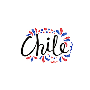 Hand written calligraphic lettering quote Chile with decorative elements in flag colors. Isolated objects on white . Vector illustration. Design concept for independence day banner.