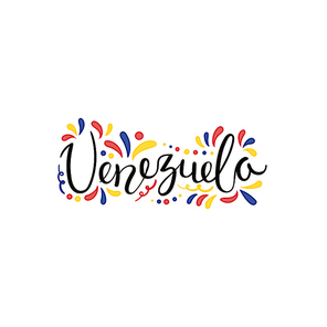 Hand written calligraphic lettering quote Venezuela with decorative elements in flag colors. Isolated objects on white . Vector illustration. Design concept for independence day banner.