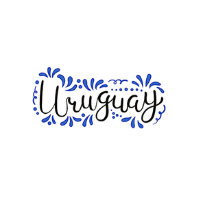 Hand written calligraphic lettering quote Uruguay with decorative elements in flag colors. Isolated objects on white . Vector illustration. Design concept for independence day banner.