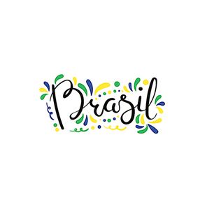 Hand written calligraphic lettering quote Brasil (Brazil) with decorative elements in flag colors. Isolated objects on white . Vector illustration. Design concept for independence day banner