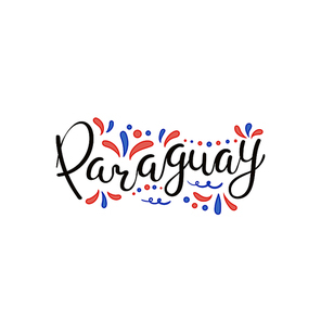 Hand written calligraphic lettering quote Paraguay with decorative elements in flag colors. Isolated objects on white . Vector illustration. Design concept for independence day banner.