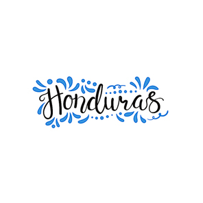 Hand written calligraphic lettering quote Honduras with decorative elements in flag colors. Isolated objects on white . Vector illustration. Design concept for independence day banner.