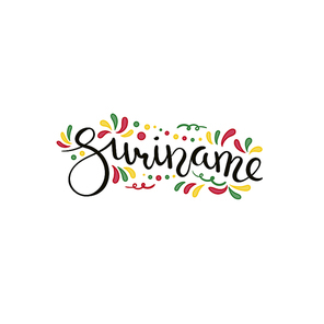 Hand written calligraphic lettering quote Suriname with decorative elements in flag colors. Isolated objects on white . Vector illustration. Design concept for independence day banner.