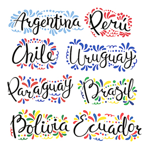 Set of hand written calligraphic lettering quotes with Latin American countries names, decorative ornament. Isolated objects on white . Vector illustration. Design concept for banner, card.