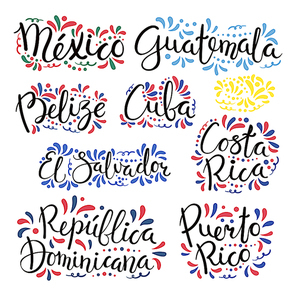 Set of hand written calligraphic lettering quotes with Latin American countries names, decorative ornament. Isolated objects on white . Vector illustration. Design concept for banner, card.